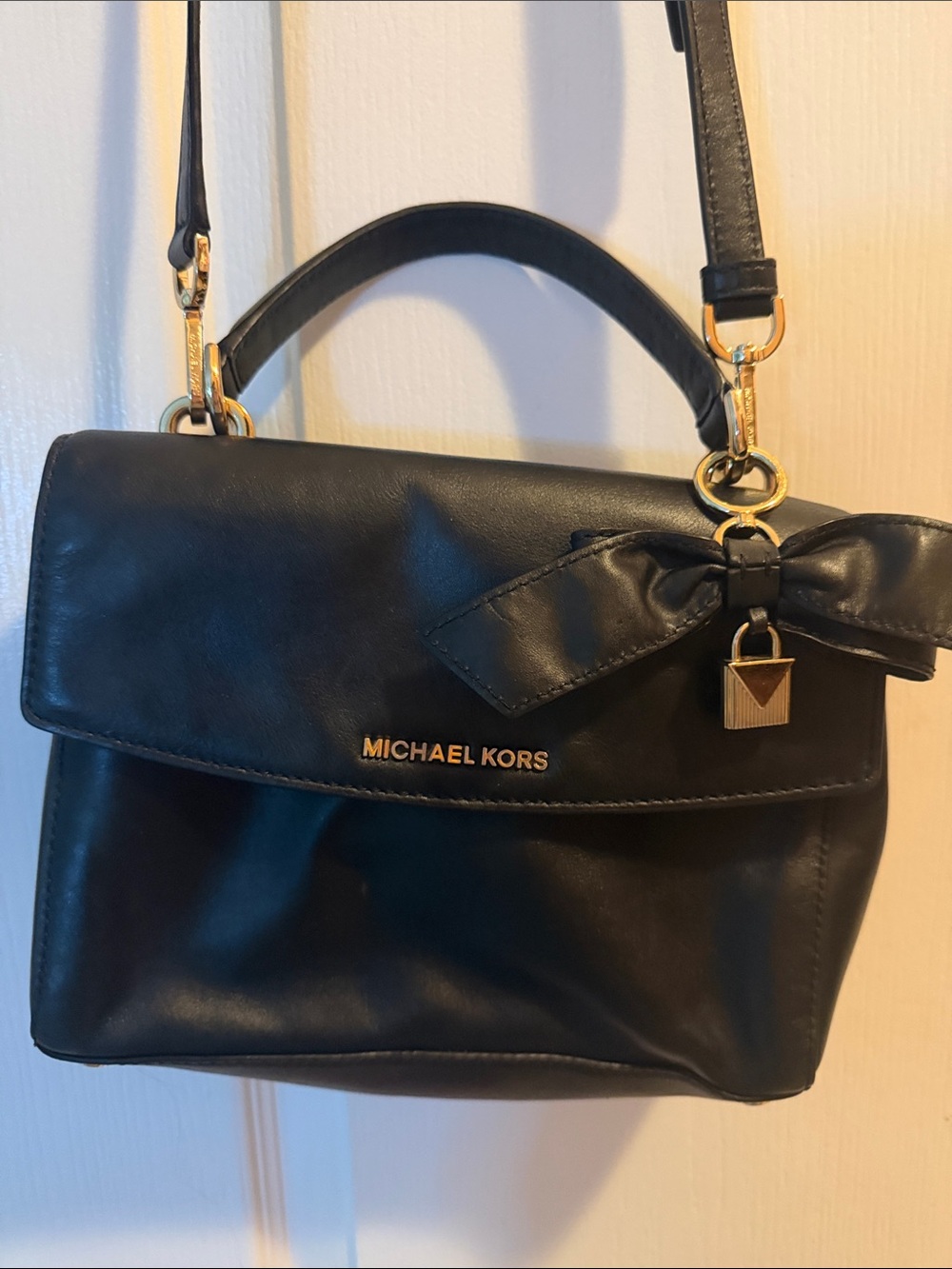 MICHAEL KORS Black Leather Top-Handle Satchel with Bow and Gold Hardware